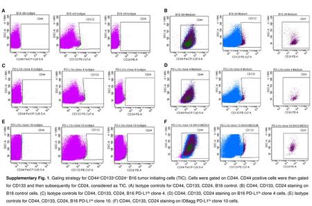 A B C D E F Supplementary Fig. 1. Gating strategy for CD44+CD133+CD24+ B16 tumor initiating cells (TIC). Cells were gated on CD44. CD44 positive cells.