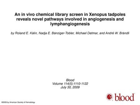 An in vivo chemical library screen in Xenopus tadpoles reveals novel pathways involved in angiogenesis and lymphangiogenesis by Roland E. Kälin, Nadja.