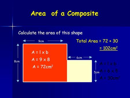 Area of a Composite Calculate the area of this shape Total Area =