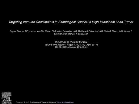 Targeting Immune Checkpoints in Esophageal Cancer: A High Mutational Load Tumor  Rajeev Dhupar, MD, Lauren Van Der Kraak, PhD, Arjun Pennathur, MD, Matthew.