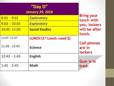 “Day D” January 29, :01 - 9:01 Exploratory 9: :03