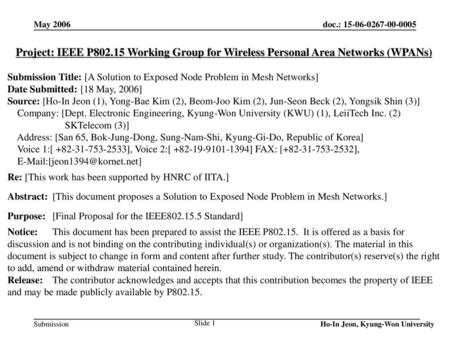 May 2006 Project: IEEE P802.15 Working Group for Wireless Personal Area Networks (WPANs) Submission Title: [A Solution to Exposed Node Problem in Mesh.