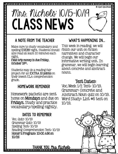 class news Mrs. Nichols’ 10/15-10/19 Test Dates: