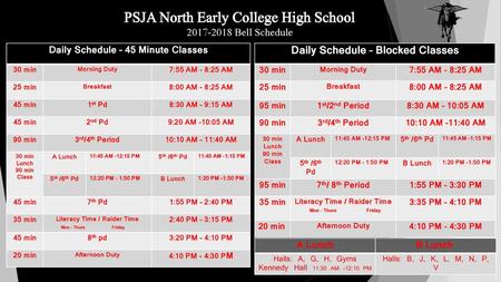 PSJA North Early College High School Bell Schedule