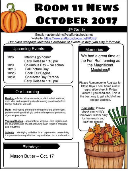 Room 11 News October 2017 4th Grade  Website: