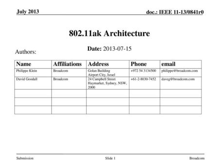 802.11ak Architecture Date: Authors: July 2013