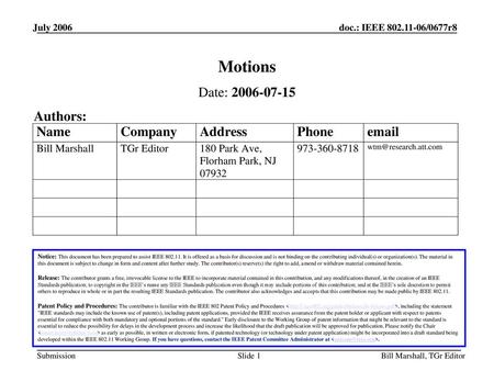 Motions Date: Authors: January 2006