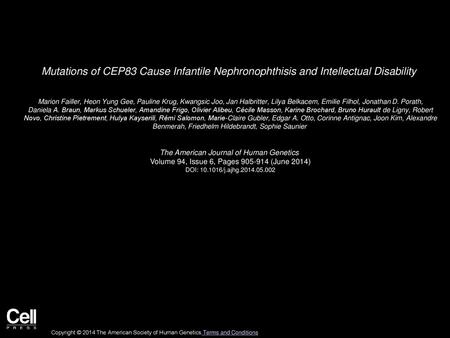 Mutations of CEP83 Cause Infantile Nephronophthisis and Intellectual Disability  Marion Failler, Heon Yung Gee, Pauline Krug, Kwangsic Joo, Jan Halbritter,