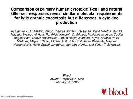 Comparison of primary human cytotoxic T-cell and natural killer cell responses reveal similar molecular requirements for lytic granule exocytosis but differences.