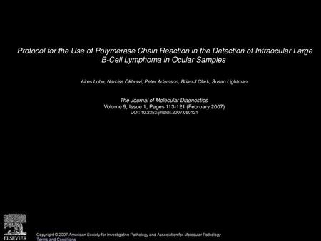 Protocol for the Use of Polymerase Chain Reaction in the Detection of Intraocular Large B-Cell Lymphoma in Ocular Samples  Aires Lobo, Narciss Okhravi,