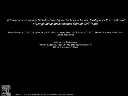 Arthroscopic Shoelace Side-to-Side Repair Technique Using Ultratape for the Treatment of Longitudinal Midsubstance Rotator Cuff Tears  Hitoshi Suzuki,