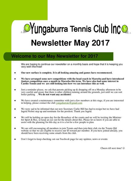 Newsletter May 2017 Welcome to our May Newsletter for 2017