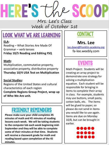 Mrs. Lee Mrs. Lee’s Class Week of October 1st fa-lee.weebly.com ELA: