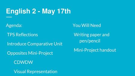 English 2 - May 17th Agenda: TPS Reflections