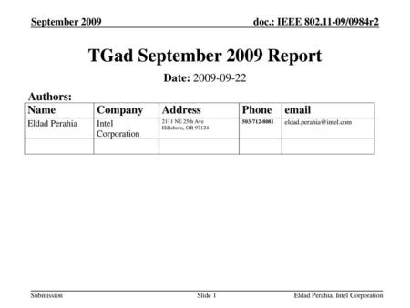 TGad September 2009 Report Date: Authors: September 2009