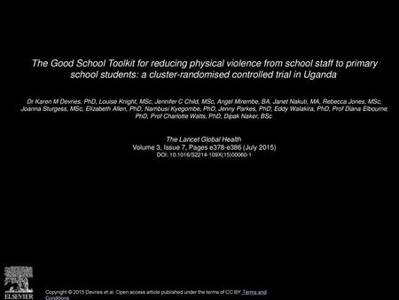 The Good School Toolkit for reducing physical violence from school staff to primary school students: a cluster-randomised controlled trial in Uganda 