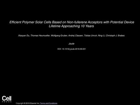 Efficient Polymer Solar Cells Based on Non-fullerene Acceptors with Potential Device Lifetime Approaching 10 Years  Xiaoyan Du, Thomas Heumueller, Wolfgang.