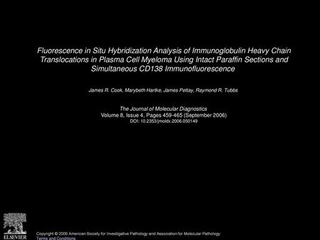 Fluorescence in Situ Hybridization Analysis of Immunoglobulin Heavy Chain Translocations in Plasma Cell Myeloma Using Intact Paraffin Sections and Simultaneous.