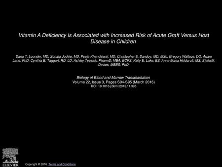 Vitamin A Deficiency Is Associated with Increased Risk of Acute Graft Versus Host Disease in Children  Dana T. Lounder, MD, Sonata Jodele, MD, Pooja Khandelwal,