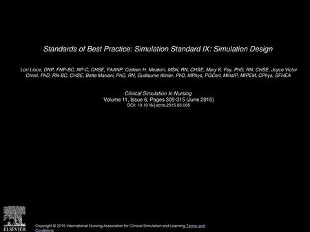 Standards of Best Practice: Simulation Standard IX: Simulation Design