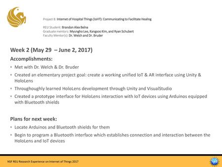 Week 2 (May 29 – June 2, 2017) Accomplishments: Plans for next week: