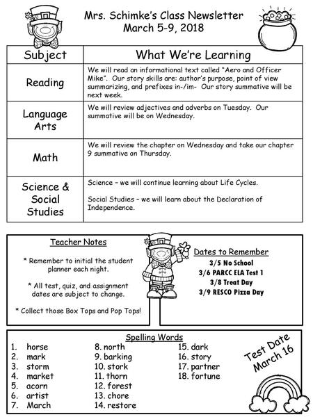 Subject What We’re Learning Mrs. Schimke’s Class Newsletter