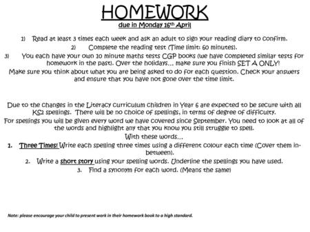 HOMEWORK due in Monday 16th April