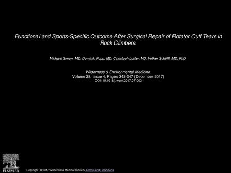 Functional and Sports-Specific Outcome After Surgical Repair of Rotator Cuff Tears in Rock Climbers  Michael Simon, MD, Dominik Popp, MD, Christoph Lutter,