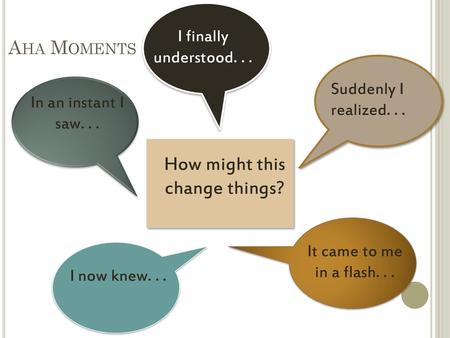 Aha Moments Last week we talked about Aha moments. When you’re reading, authors often give you clues that the character has come to an important understanding.