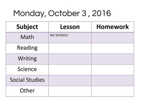 Monday, October 3 , 2016 Subject Lesson Homework Math Reading Writing