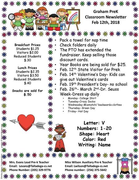 Graham PreK Classroom Newsletter Feb 12th, 2018 Letter: V