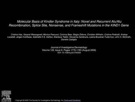 Molecular Basis of Kindler Syndrome in Italy: Novel and Recurrent Alu/Alu Recombination, Splice Site, Nonsense, and Frameshift Mutations in the KIND1.