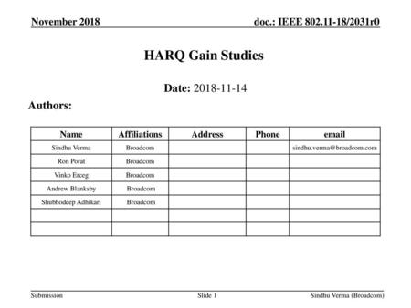 HARQ Gain Studies Date: Authors: November 2018 Name