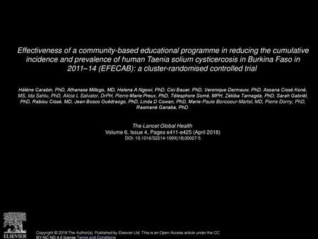 Effectiveness of a community-based educational programme in reducing the cumulative incidence and prevalence of human Taenia solium cysticercosis in Burkina.