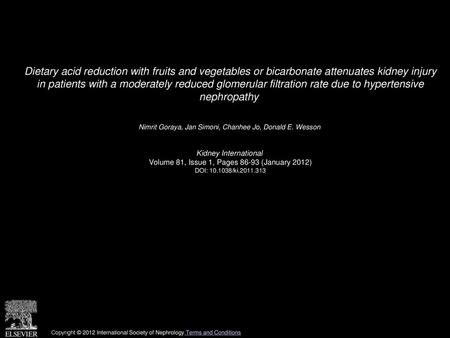 Dietary acid reduction with fruits and vegetables or bicarbonate attenuates kidney injury in patients with a moderately reduced glomerular filtration.