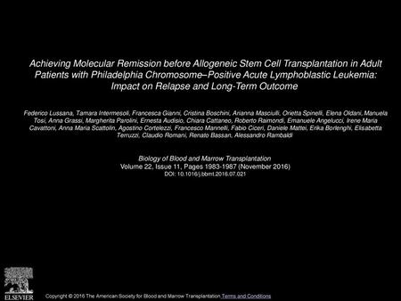 Achieving Molecular Remission before Allogeneic Stem Cell Transplantation in Adult Patients with Philadelphia Chromosome–Positive Acute Lymphoblastic.