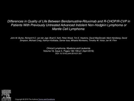 Differences in Quality of Life Between Bendamustine-Rituximab and R-CHOP/R-CVP in Patients With Previously Untreated Advanced Indolent Non-Hodgkin Lymphoma.