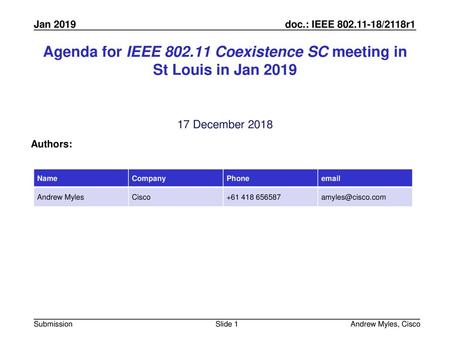 Agenda for IEEE Coexistence SC meeting in St Louis in Jan 2019