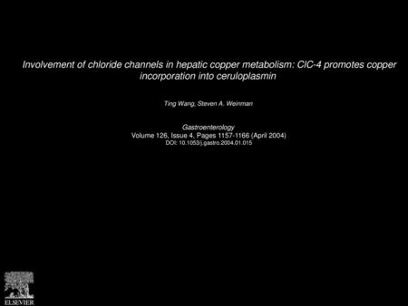 Involvement of chloride channels in hepatic copper metabolism: ClC-4 promotes copper incorporation into ceruloplasmin  Ting Wang, Steven A. Weinman  Gastroenterology 