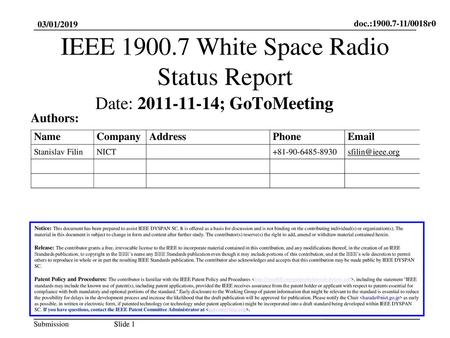 IEEE White Space Radio Status Report