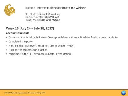 Project 4: Internet of Things for Health and Wellness REU Student: Shanzila Chowdhury Graduate mentor: Michael Eakin Faculty Mentor: Dr. David Metcalf.