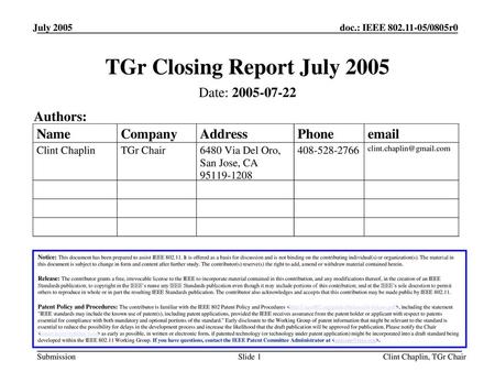 TGr Closing Report July 2005