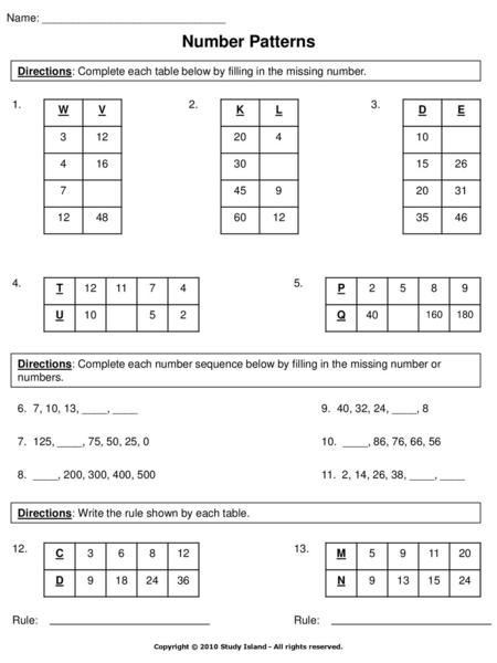 Number Patterns Name: ______________________________