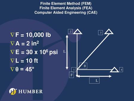 F = 10,000 lb A = 2 in2 E = 30 x 106 psi L = 10 ft θ = 45°