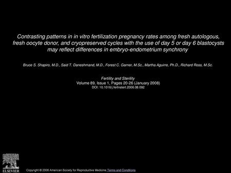 Contrasting patterns in in vitro fertilization pregnancy rates among fresh autologous, fresh oocyte donor, and cryopreserved cycles with the use of day.