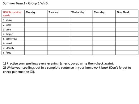 Summer Term 1 - Group 1 Wk 6 HFW & statutory words Monday Tuesday