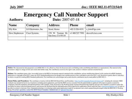 Emergency Call Number Support