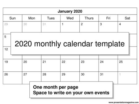 2020 monthly calendar template