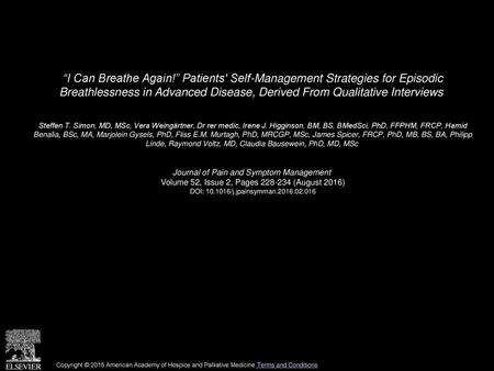 “I Can Breathe Again!” Patients' Self-Management Strategies for Episodic Breathlessness in Advanced Disease, Derived From Qualitative Interviews  Steffen.