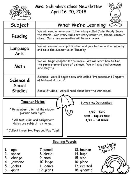 Subject What We’re Learning Mrs. Schimke’s Class Newsletter